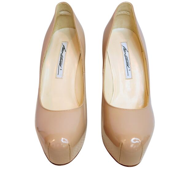 Brian Atwood Beige Patent Leather Platform Pumps Size 36.5 US 6.5, Heel is 5" - Picture 1 of 6